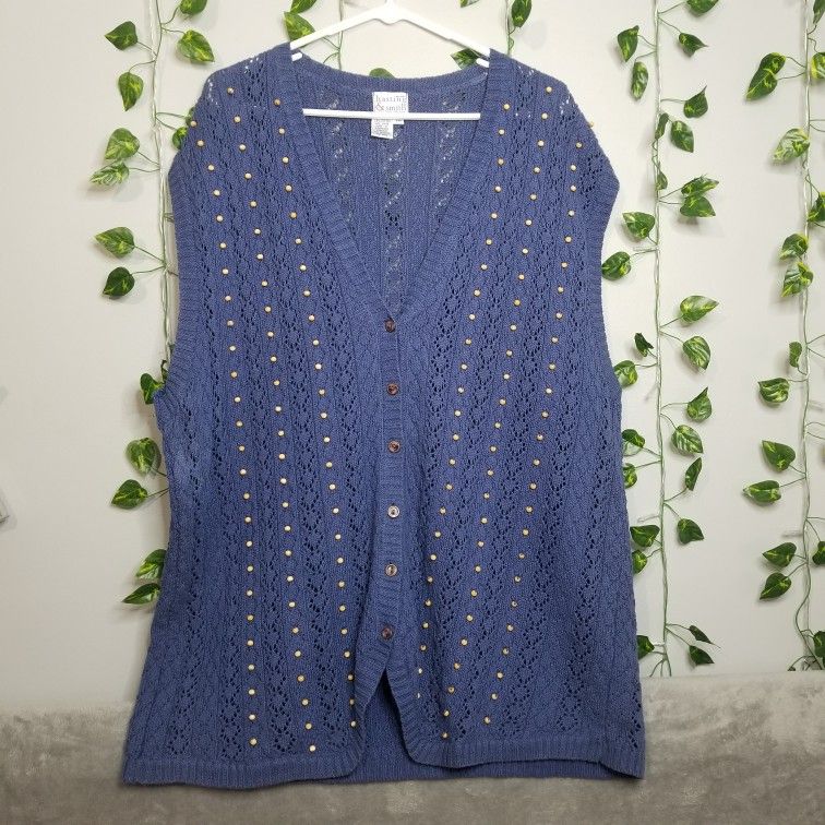 Vintage Hasting & Smith 2X Crochet Knit Beaded Button Up Sleeveless Sweater Vest