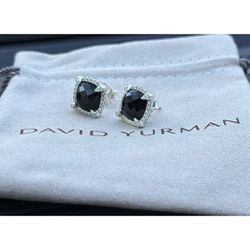 David Yurman Sterling Silver 9mm  Chatelaine Earrings With Black Onyx Diamonds 