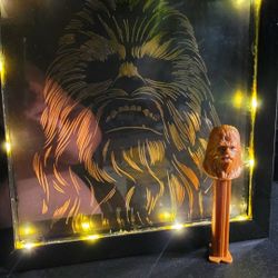 Star Wars Chewbacca Shadowbox Wall Art Decor Pic Frame Artissimo Disney 10x10, CUSTOM LED LIGHTS & (1997) PEZZ CONTAINER, FIRM.