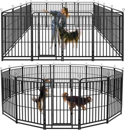 Dog Fence Outdoor 16 Piece Panels 47" Height, Square Steel Pipe with Reinforced Crossbars, Anti-Rust Heavy Duty Dog Playpen with Doors Portable for Ya