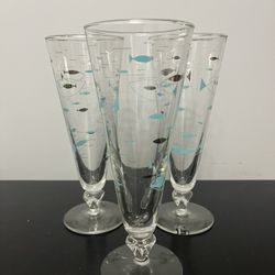 VTG MCM 1950's Libbey Atomic Fish Beer Pilsner Glasses Libby Mediterranean-Set of 3