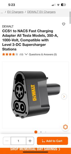 DEWALT CCS1 to NACS Fast Charging Adapter All Tesla Models, 350-A, 1000-Volt, Compatible with Level 3-DC Supercharger Stations