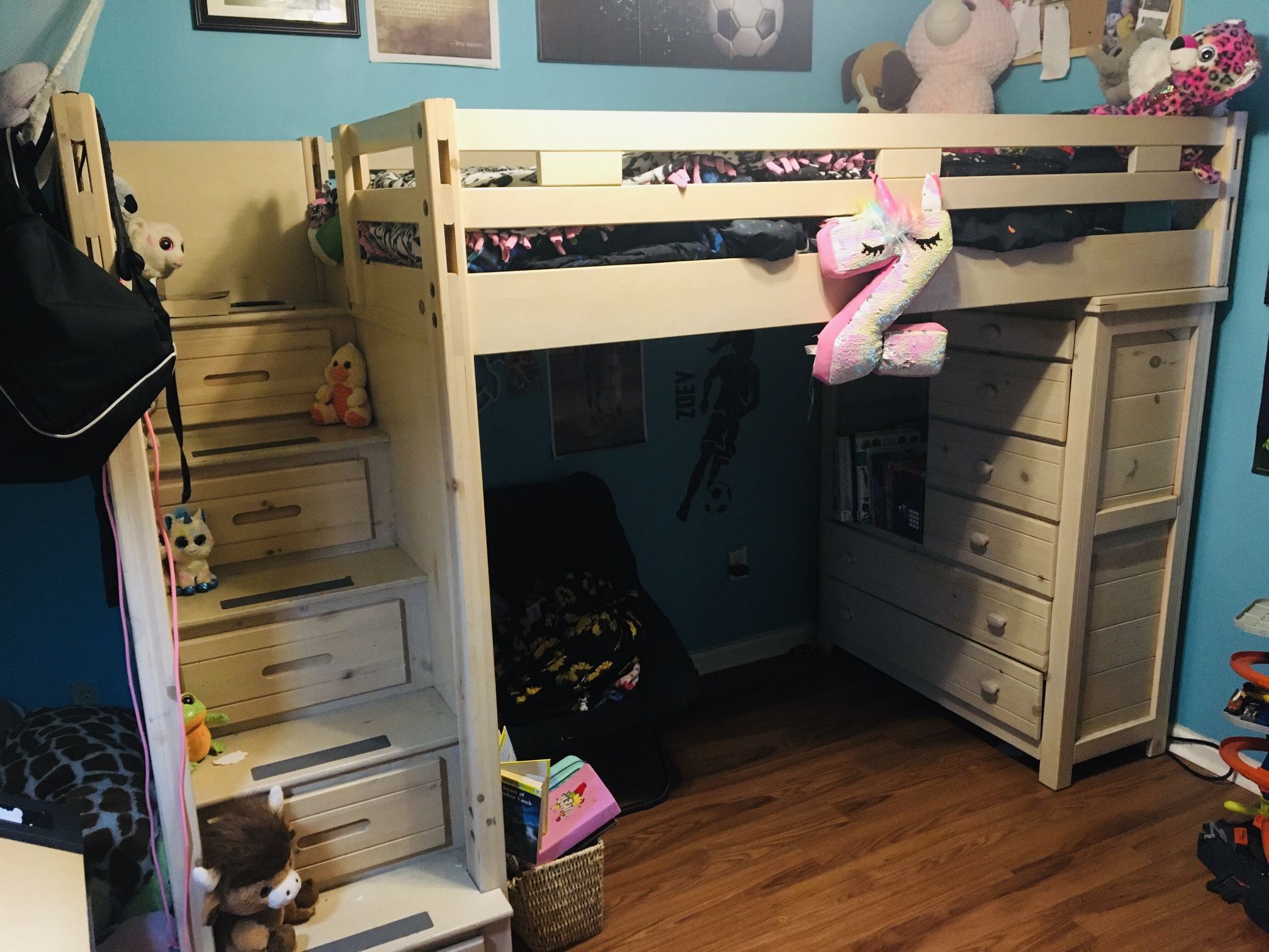 Twin Loft Bed With Attached Dresser, Drawers, and Bookshelf!!!!