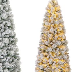 A 6-foot pre-lit pop-up Christmas tree with a snowflake-covered, foldable artificial tree featuring 170 warm white LED lights, suitable for homes, off