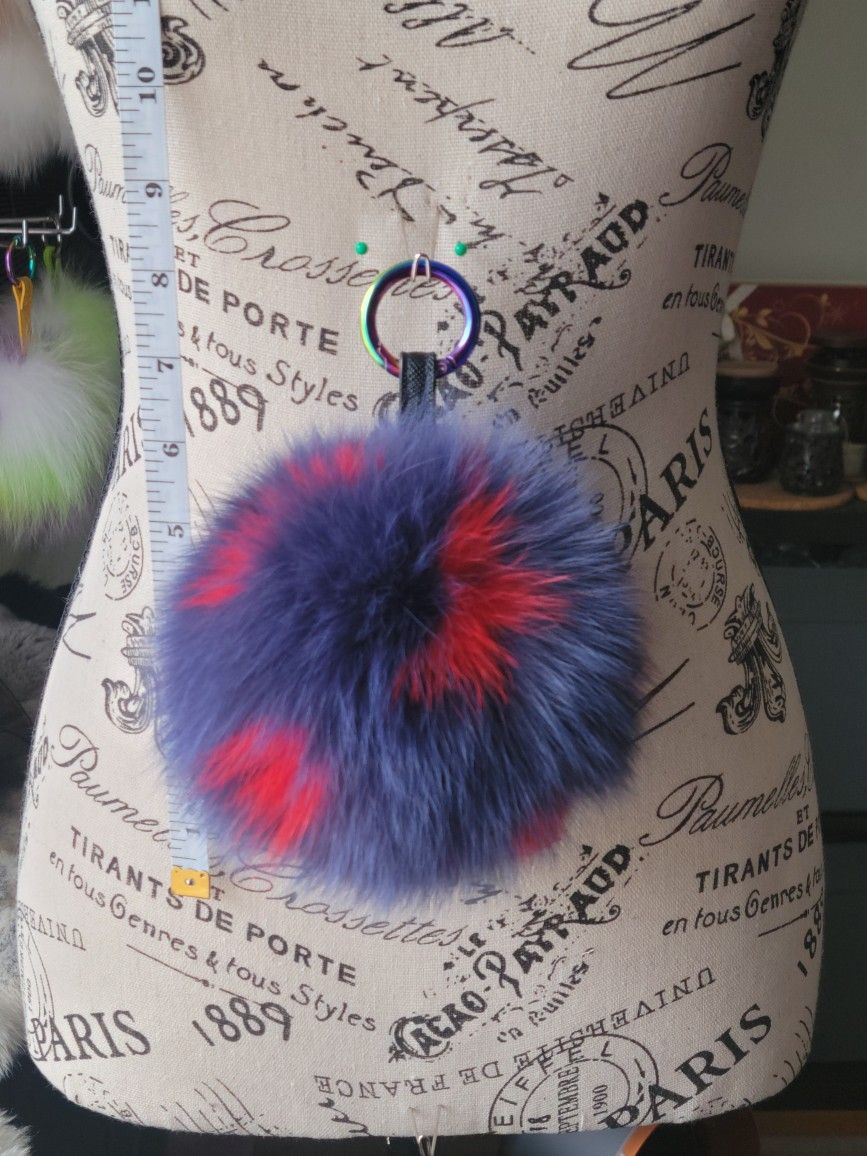 8" Long Genuine Fur 6 1/4" Navy Blue Red Spotted Pom Pom Keychain + Freebies
