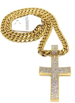 Necklace Stainless Steel 18K Gold Plated Big Size Cross With Cubic Zirconia, Width 9MM ,Size Length 24”