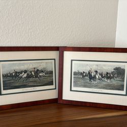 Vintage Polo Lithograph Set Horse Artwork George Wright "A Gallop on the Boards" & "A Question of Pace" Equestrian Mahogany Frame