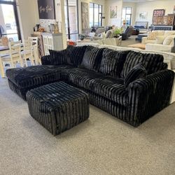 Black Corduroy Sectional And Ottoman  