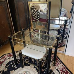 Regency Vanity Gold Black Glass Mirror Drawer Table Shelves Hollywood Glamour Vintage Antique