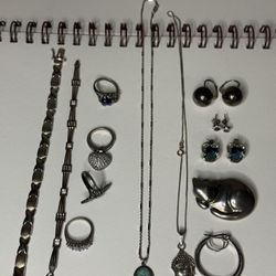 Sterling Silver 925 Jewelry Lot – 15 pcs Rings Bracelets Necklaces Earrings Vintage