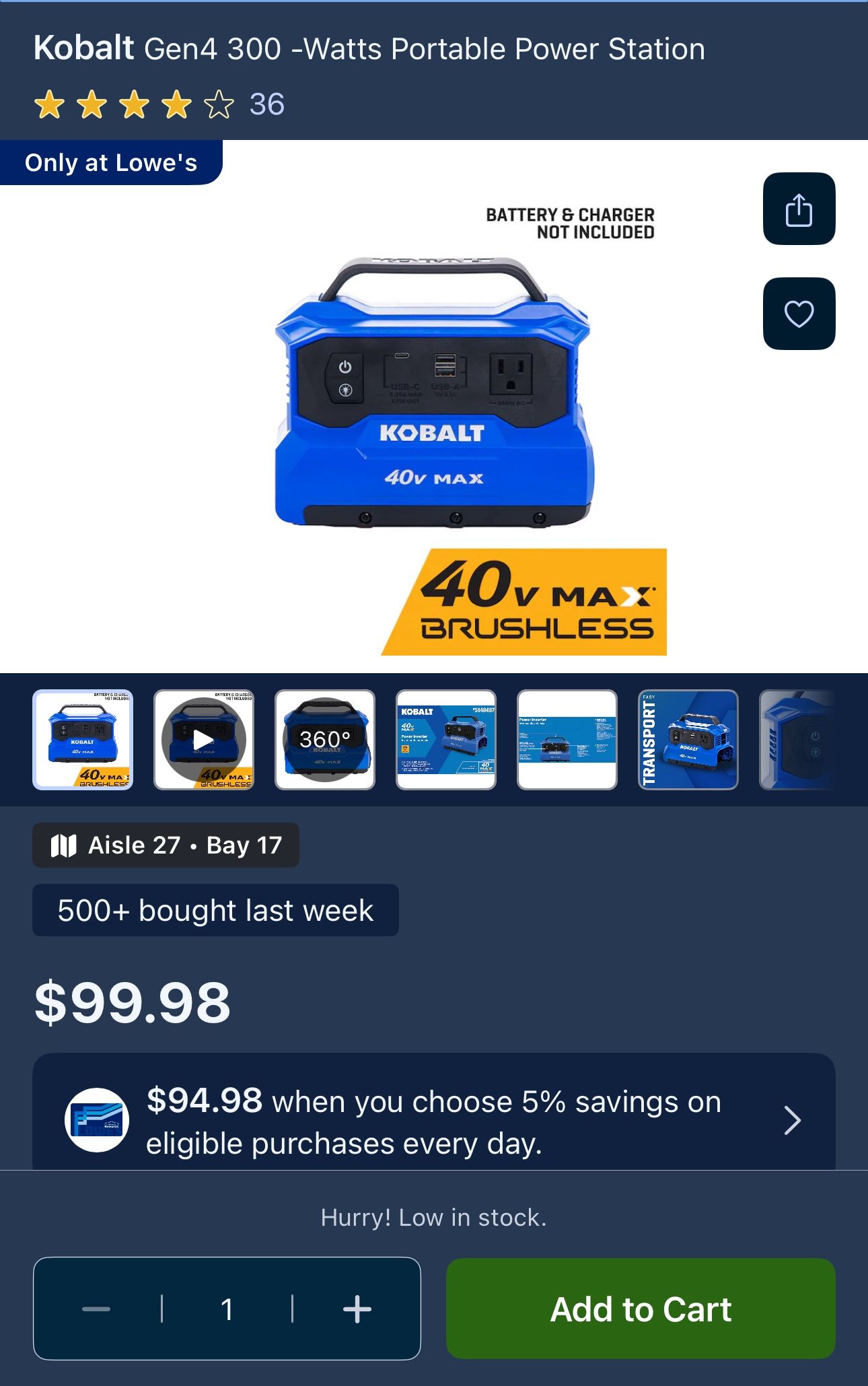 Kobalt 40v To 120v Power Inverter - Tool Only