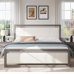 Christopher Knight Home Ruby King Size Platform Bed Frame, Ivory Boucle Fabric Upholstered Headboard and Footboard, Wood Bed Support and Slat, Fully M