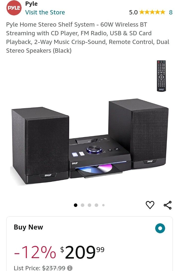 Pyle Home Stereo Shelf System 60W Bluetooth CD Player FM Radio USB & SD Remote Dual Speakers