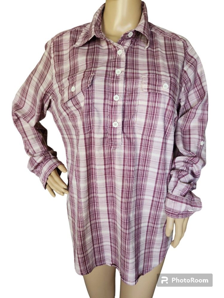 Ridgecut Toughwear Womens L Purple & Off White Plaid Roll Tab Button Down Shirt.