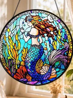 Brand New in Box 12" Mermaid Stained Glass Style Suncatcher - Round Window Art