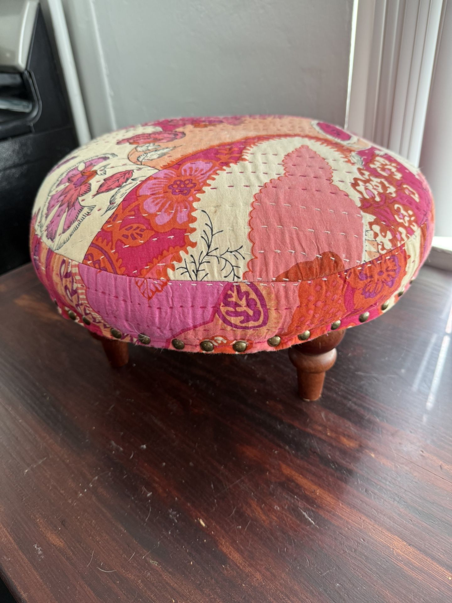 Footstool Quilted From India Small Ottoman Pouf Upholstered 16” Diameter 8” Tall