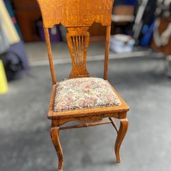 Antique Tiger Oak Chair with Floral Upholstery
