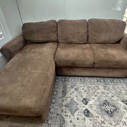 BROWN FABRIC COUCH / SOFA WITH SLEEPER, CHAISE, AND STORAGE. 94” x 32” x 35”/64”. COMFORTABLE.