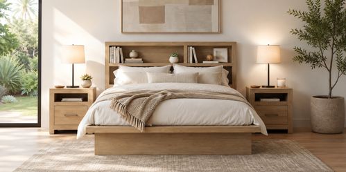 Queen Bookcase Headboard Platform Bed Light Oak Storage Frame Nightstand Available Cama Recamara Madera Muebles Venta Furniture Sale