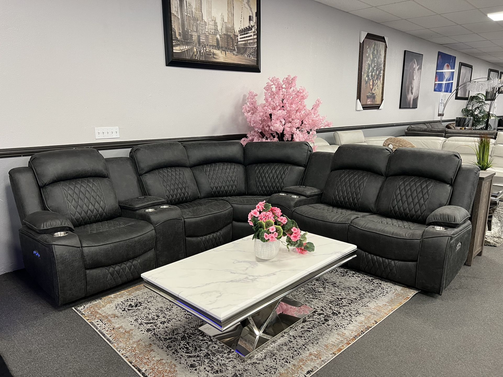Gray Sofa Sectional w/ 4 Power Motion Recliners