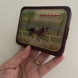 Antique 1930’s Cigarette/wallet Leather With Silk Handpainted Florida Racetrack Scene Rare🎁