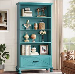 NY085 new assembled 6-Shelf Bookcase with Drawer, 71 Inch Tall Floor Standing Bookshelf with Solid Wood Legs, 6-Tier Large Open Display Storage Book S
