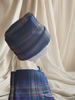 New Blue  Plaid Fleece Pillbox Hat/Scarf Set Adult sz Hand Crafted