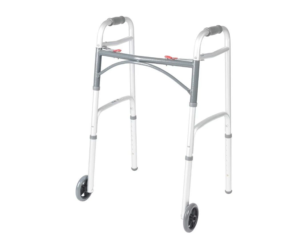 Drive Medical 10210-1 2-Button Folding Walker with Wheels, Rolling Walker, Front Wheel Walker, Lightweight Walkers for Seniors and Adults Weighing Up 