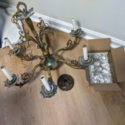 Antique VTG 6 Arm Brass Chandelier Spain With Glass Pendants