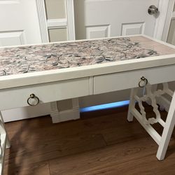 Custom William Morris & Co. Top Desk / Vanity – Off-White with Brass Ring Pulls