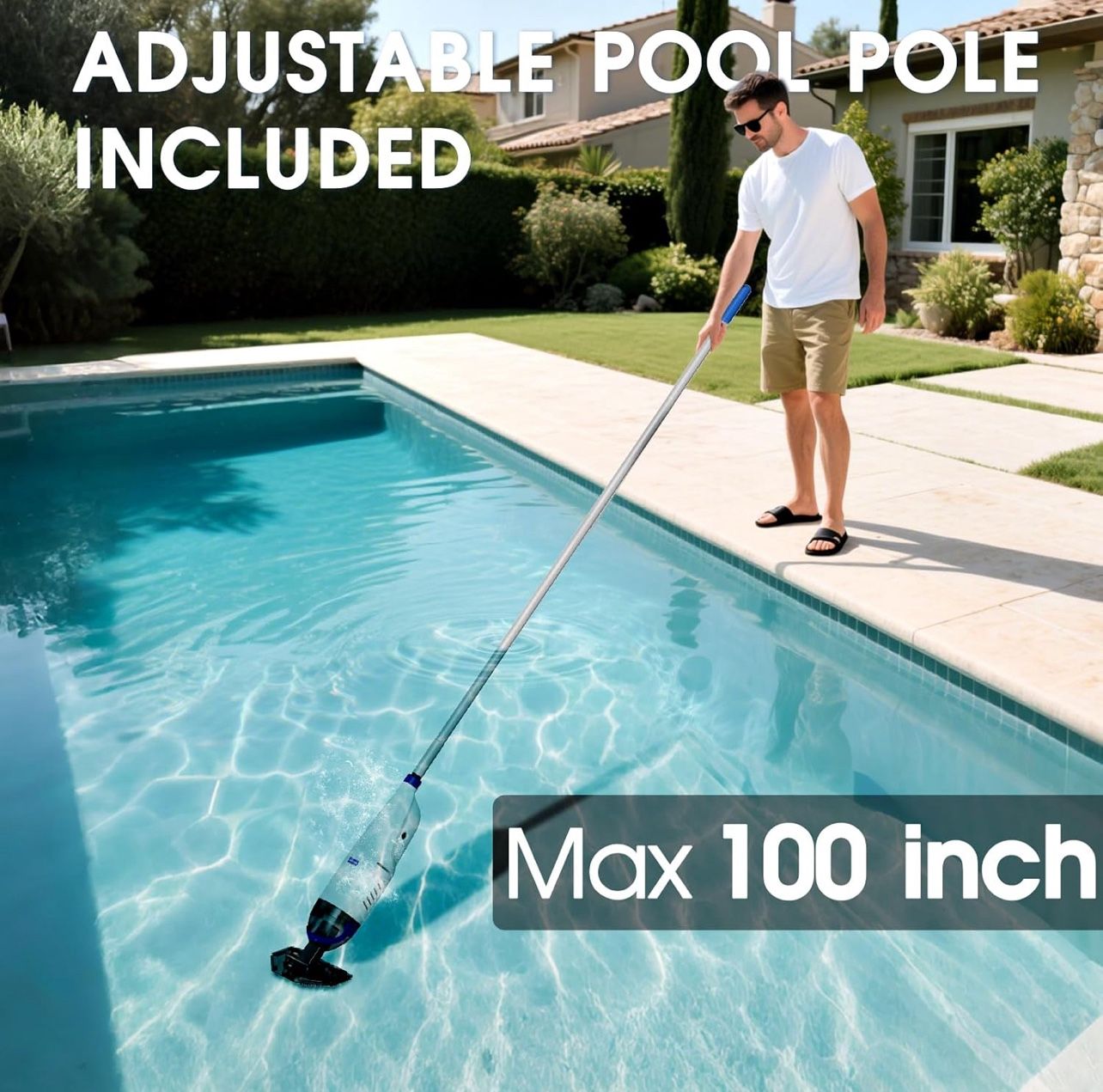 Cordless Handheld Pool Vacuum Cleaner 1110 GPH True Strong Suction 60min Run-time 40µm Ultra Fine Mesh Filter for Leaves Debris,with Aluminum Pole&Ang