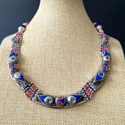 Elegant & Handcrafted Ethnic Tribal Necklace Inlay Stones Set In Silver 18”in & 136grams