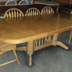Long Oak Dining Table Double Leaf /Solid Oak/ 8 Feet Long/ Farmhouse/ Country/ Rustic/ Wood / 10 Chair Set Up 