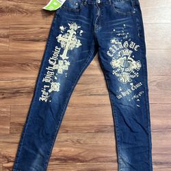 D'ANDIJIESHEN Denim Vtg Retro Y2K Baggy Jeans Brand New With Tags Men 34 Cross Goth Grunge