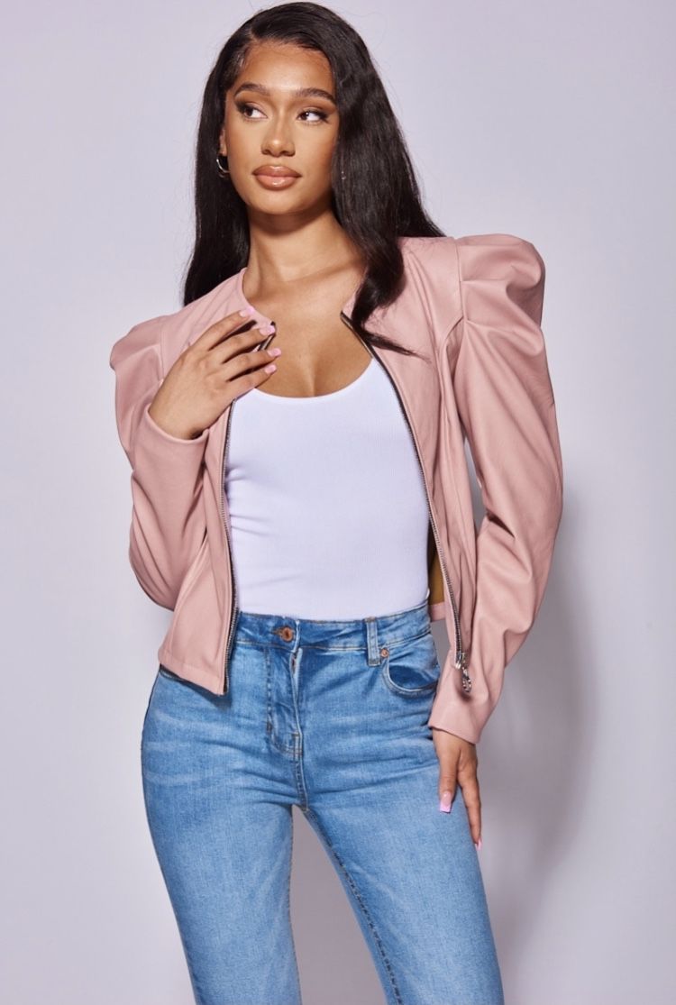 Faux Leather Puff Sleeve Zip Front Jacket
