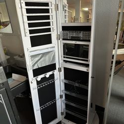 New Rustic Brown 360° Rotating Mirror Jewelry Armoire Freestanding  