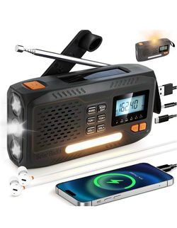 Emergency Crank Radio with NOAA Weather -Alert 7400 mWh Solar Hand Crank Portable AM/FM Radio, Rechargeable Battery USB Charger Flashlight LCD Screen 