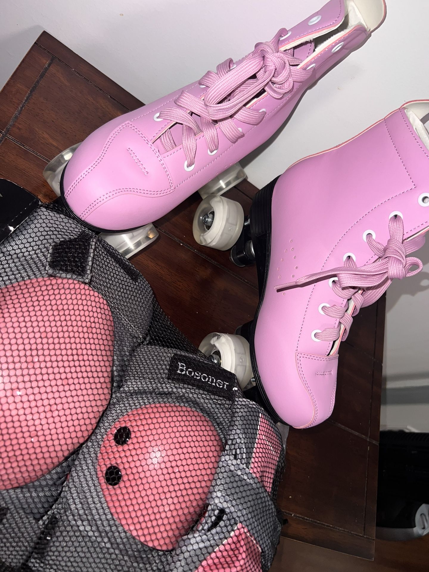 Like New Pink Roller Skates + Protective Gear β Size 8
