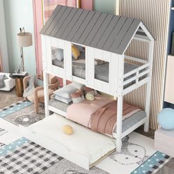 TWIN OVER TWIN HOUSE BUNK BED W/ LADDER AND GUARDRAIL