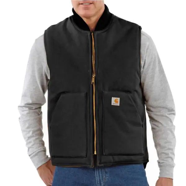 Carhartt Mens Black Relaxed Fit Washed Duck Fleece-Line Hooded Vest  