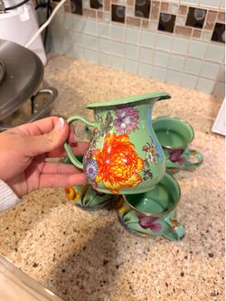 Makenzie Childs green floral enameled  mugs and milk and sugar holder
