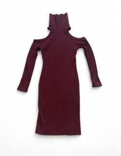 Burgundy turtleneck, open shoulder dress