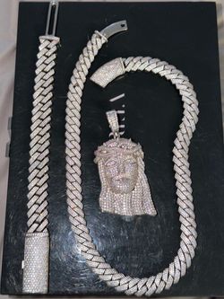 Iced Out Cuban Link Chain and Bracelet Set with Jesus Pendant
