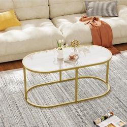 Modern Oval Gold Glass Coffee Table Sturdy Metal Frame Living Room Accent Table