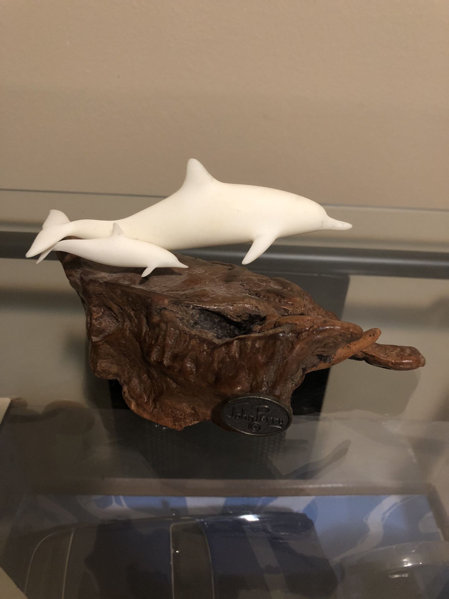 Vintage John Perry Burl Wood Dolphin Sculpture