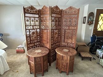 Vintage Hand-Carved Indian Screen & Matching Tables