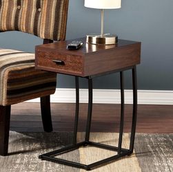 SEI Furniture - Porten Side Table with Power & Sub - Transitional Design, Brown Metal and Wood located in Fountain Hills