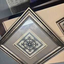 Set Of Two Kohl's Antiqued Gold Framed Double Matted Geometric Plaque 20" Square Picture