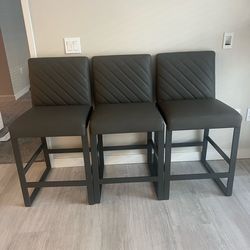 Set of 3 Modern Dark Gray Upholstered Bar Stools – Like New