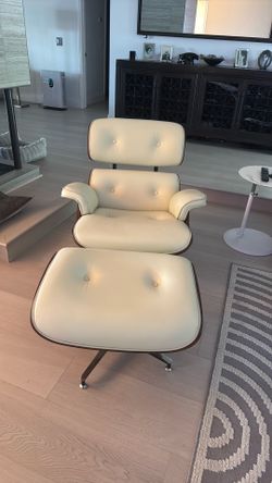 Eames inspired  ivory Leather Lounge Chair with Ottoman